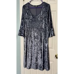 Bella Flore Cobalt Blue Crushed Velvet Look Long Sleeve Dress, Bell Sleeve, 1X